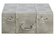 Grey textured storage trunk with chrome handle and combination locks, front facing view
