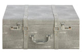 Grey textured storage trunk with chrome handle and combination locks, front facing view