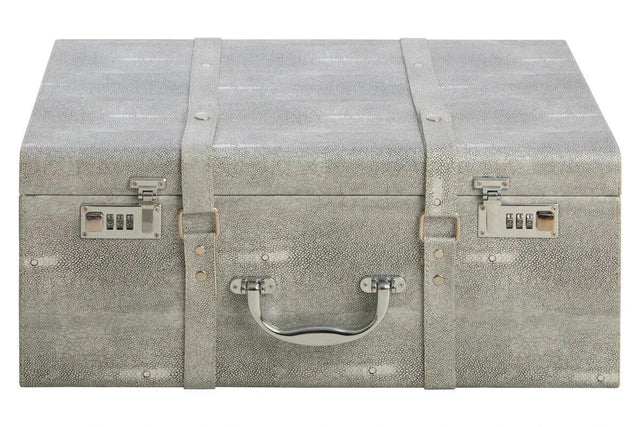 Grey textured storage trunk with chrome handle and combination locks, front facing view
