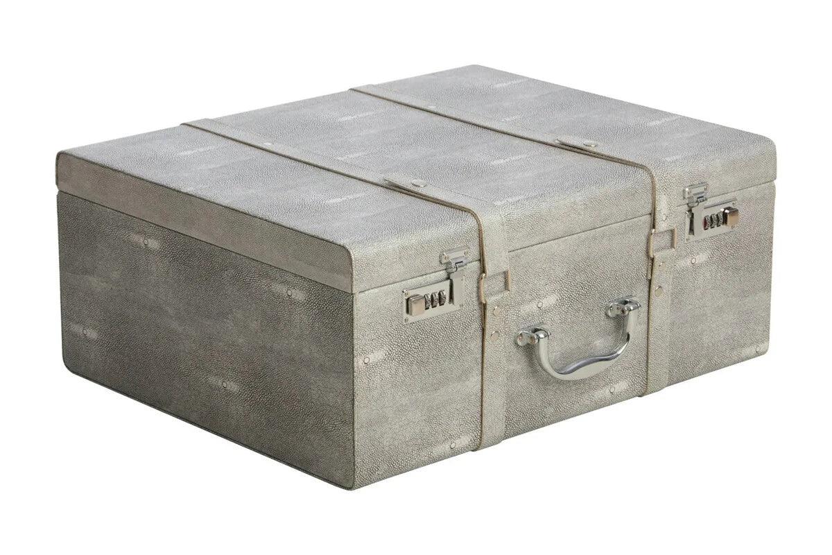 Grey faux shagreen storage trunk with chrome handle and clasps, closed, angled view