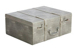 Grey faux shagreen storage trunk with chrome handle and clasps, closed, angled view