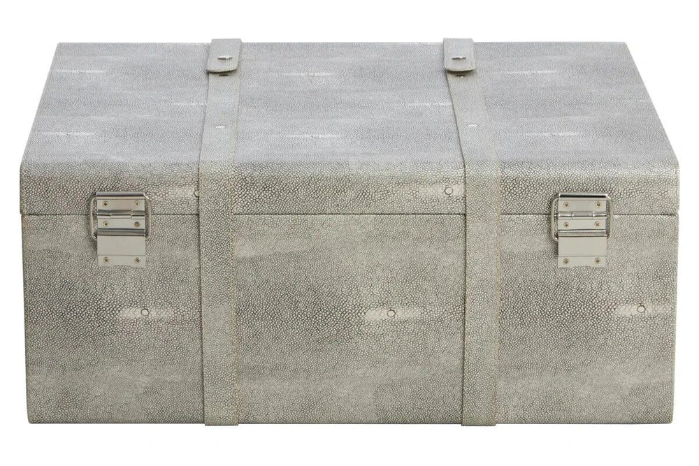 Grey faux shagreen trunk with metal clasps and leather straps, front view