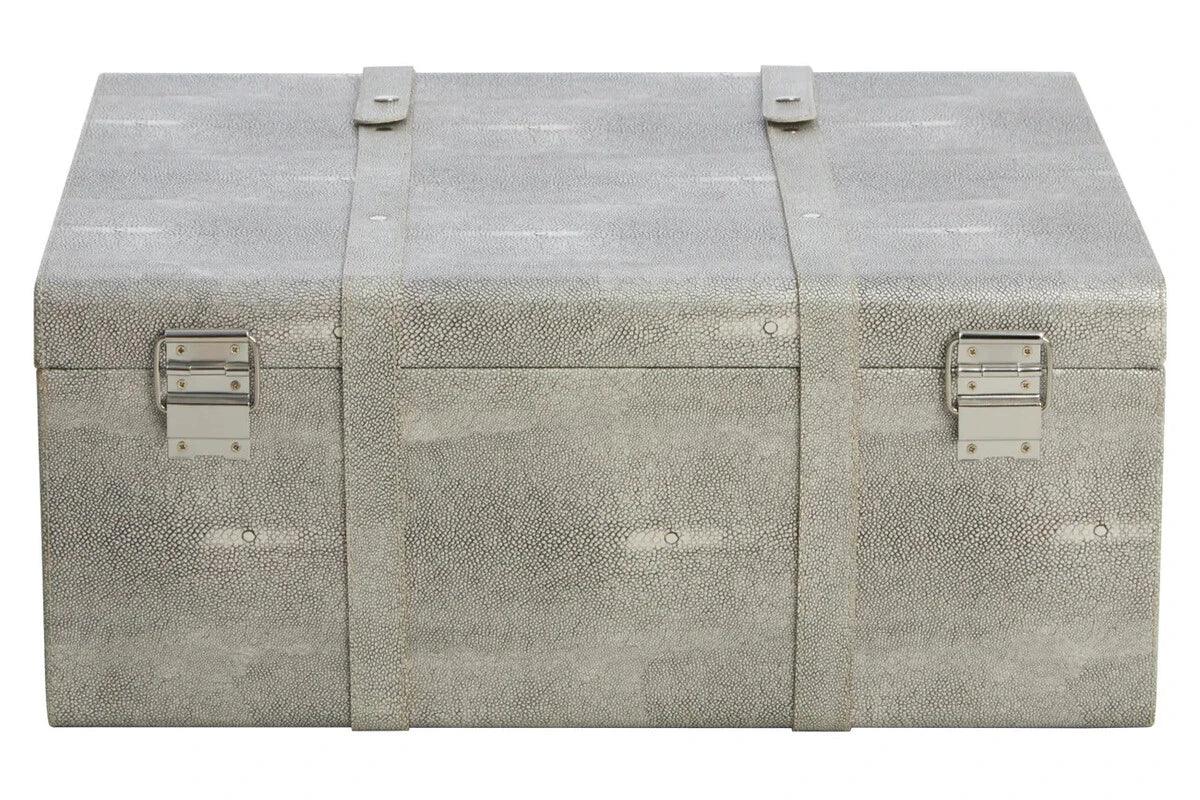 Grey faux shagreen trunk with metal clasps and leather straps, front view