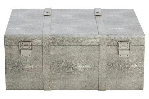 Grey faux shagreen trunk with metal clasps and leather straps, front view