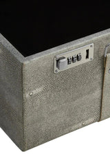 Textured grey storage trunk with silver combination lock and metal hardware close-up