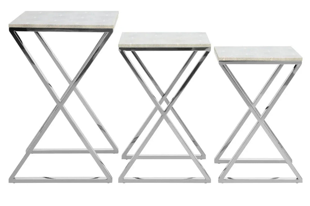 Set of three nesting tables with marble tops and chrome geometric metal frames