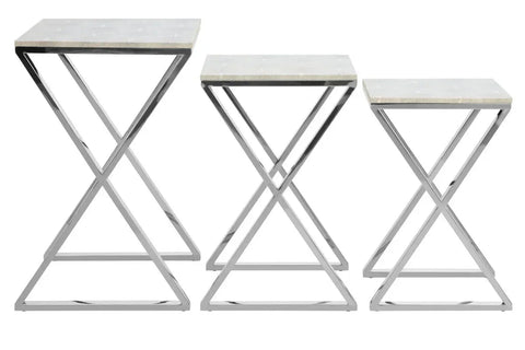 Set of three nesting tables with marble tops and chrome geometric metal frames