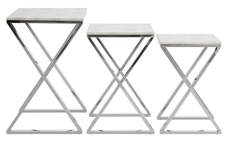 Set of three nesting tables with marble tops and chrome geometric metal frames