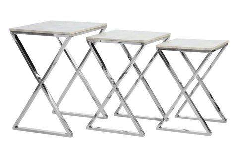 Set of three nesting tables with chrome metal frames and light grey square tabletops