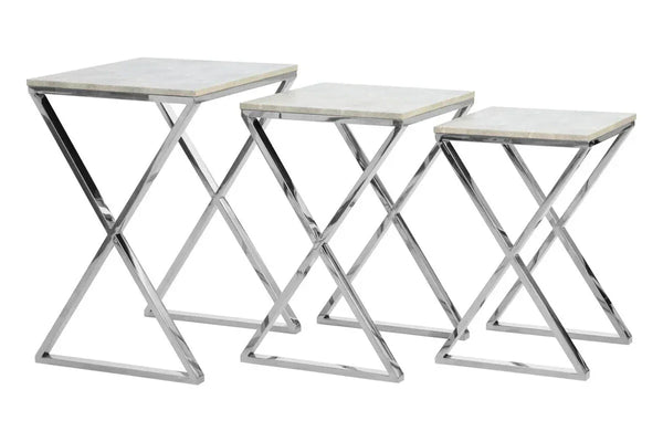 Set of three nesting tables with chrome metal frames and light grey square tabletops