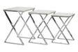 Set of three nesting tables with chrome metal frames and light grey square tabletops