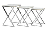 Set of three nesting tables with chrome metal frames and light grey square tabletops