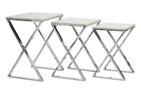 Set of three nesting tables with chrome metal frames and light grey square tabletops