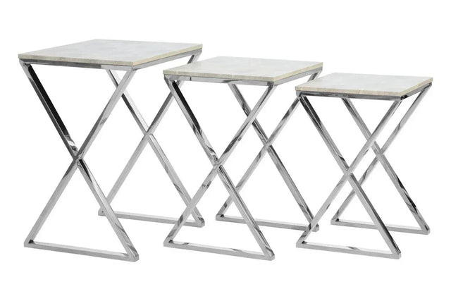 Set of three nesting tables with chrome metal frames and light grey square tabletops