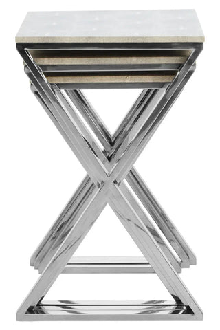 Set of three nesting tables with chrome frames and stone effect tops in a stacked arrangement