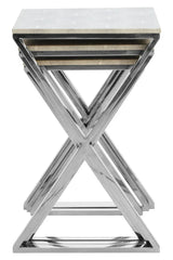 Set of three nesting tables with chrome frames and stone effect tops in a stacked arrangement