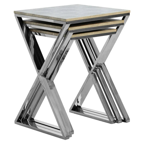 Square nesting tables with chrome metal frames and textured stone effect tops
