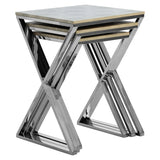 Square nesting tables with chrome metal frames and textured stone effect tops