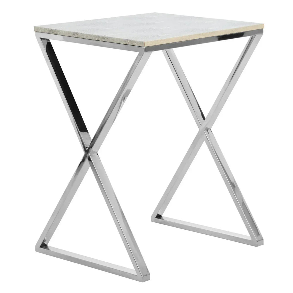 Modern side table with chrome X-frame legs and white rectangular tabletop