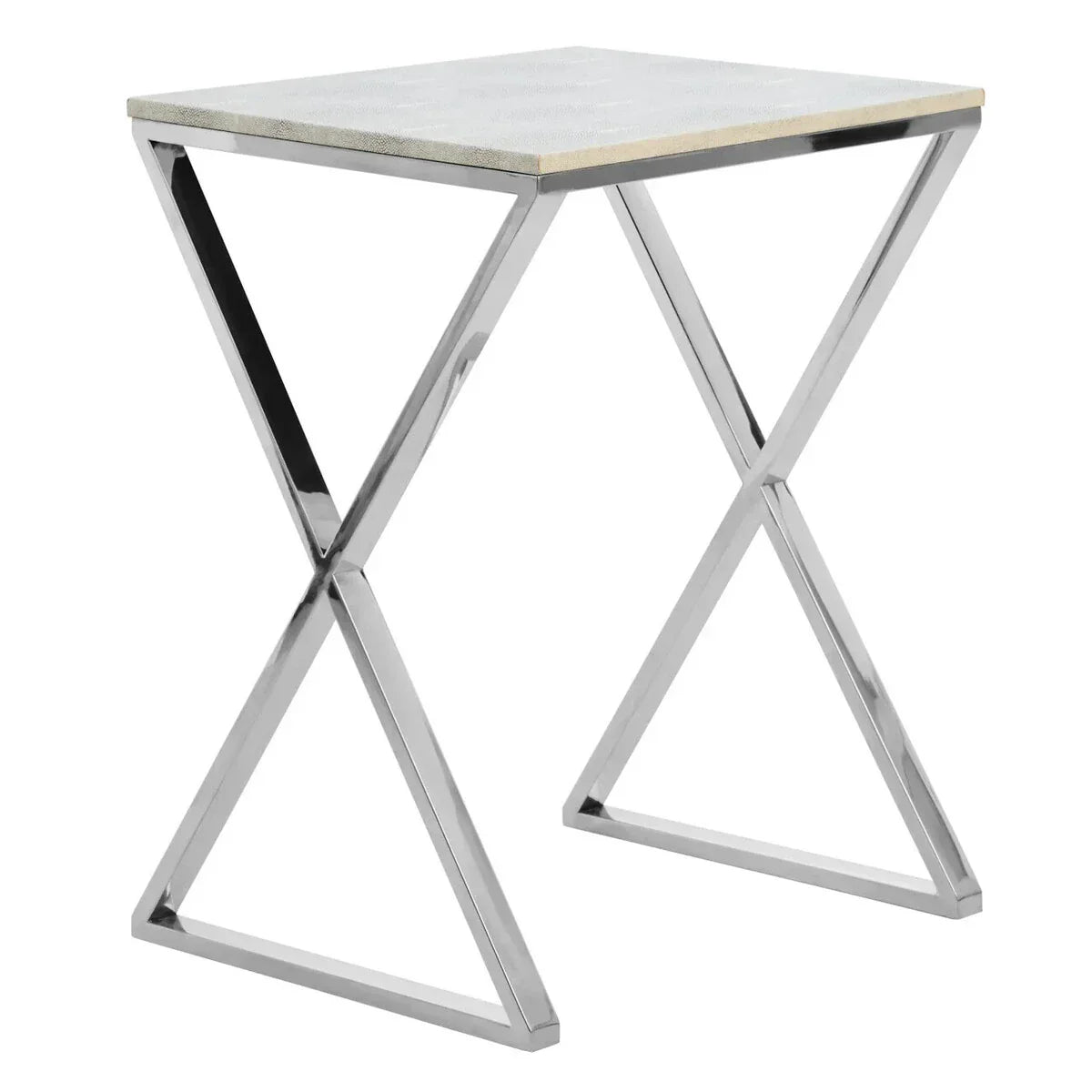 Modern side table with chrome X-frame legs and white rectangular tabletop