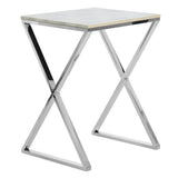 Modern side table with chrome X-frame legs and white rectangular tabletop