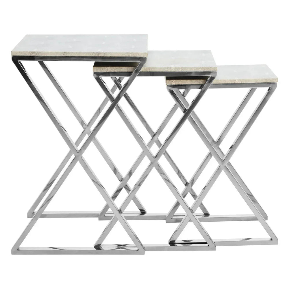 Set of three nesting tables with chrome metal frames and white tabletops, side view