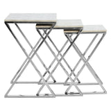 Set of three nesting tables with chrome metal frames and white tabletops, side view