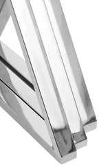 Close-up of stainless steel furniture legs with polished chrome finish