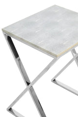 Grey faux shagreen side table with chrome X-leg frame, close-up of tabletop corner