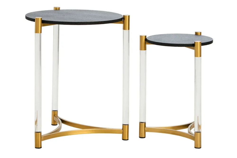 Set of two round nesting side tables with black tops, clear acrylic legs and gold accents