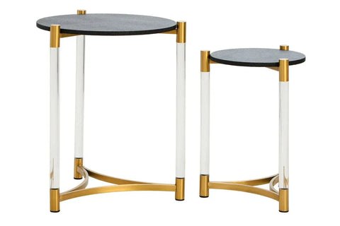 Set of two round nesting side tables with black tops, clear acrylic legs and gold accents