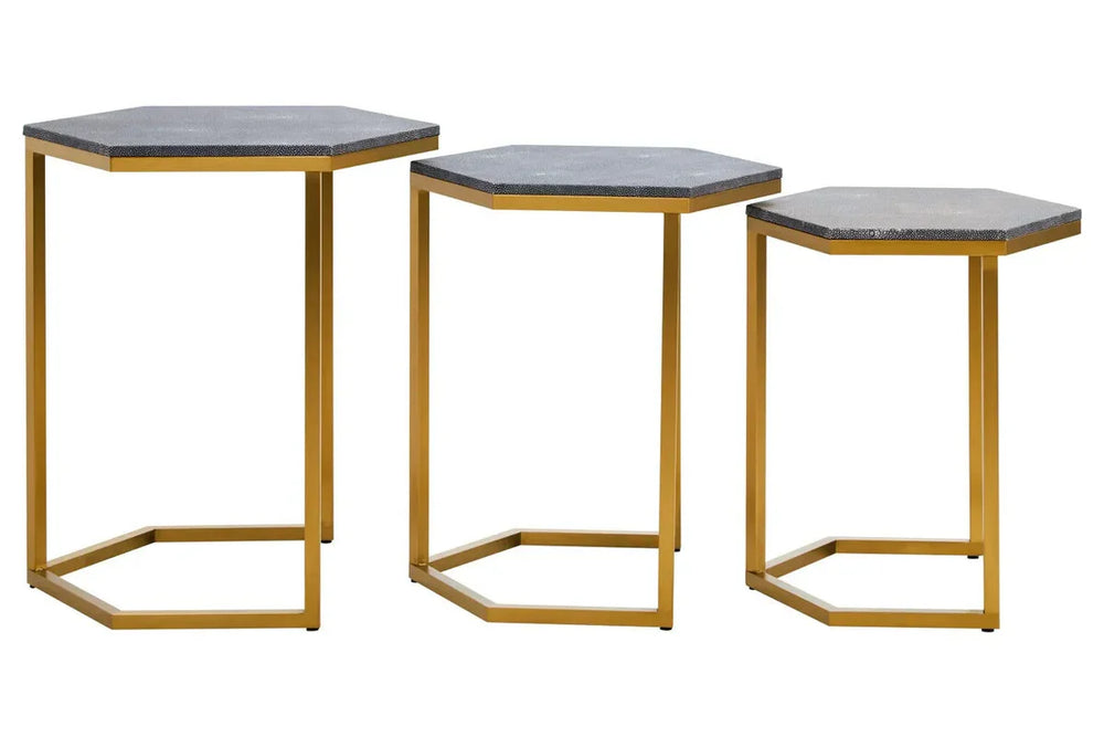 Set of three hexagonal side tables with gold metal frames and dark textured tops