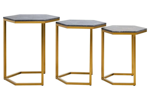 Set of three hexagonal side tables with gold metal frames and dark textured tops