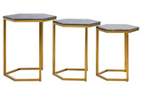 Set of three hexagonal side tables with gold metal frames and dark textured tops