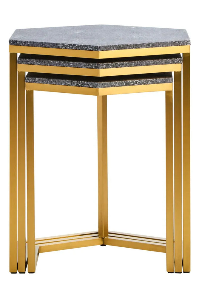 Set of three hexagonal nesting tables with gold frames and textured grey tops