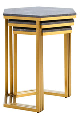 Set of three hexagonal nesting tables with gold metal frames and textured grey tops