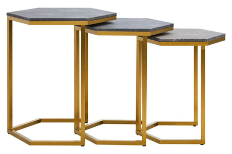 Set of three hexagonal nesting tables with gold metal frames and textured black tops