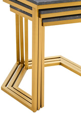 Gold metal frame dining table with grey textured top, modern geometric leg design