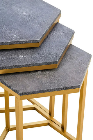 Set of three nesting side tables with grey faux shagreen tops and gold metal frames