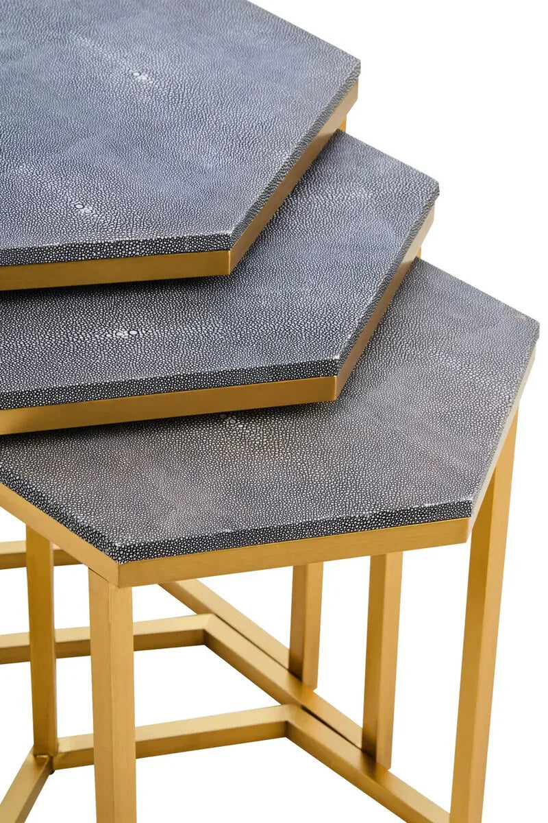 Set of three nesting side tables with grey faux shagreen tops and gold metal frames