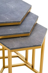 Set of three nesting side tables with grey faux shagreen tops and gold metal frames