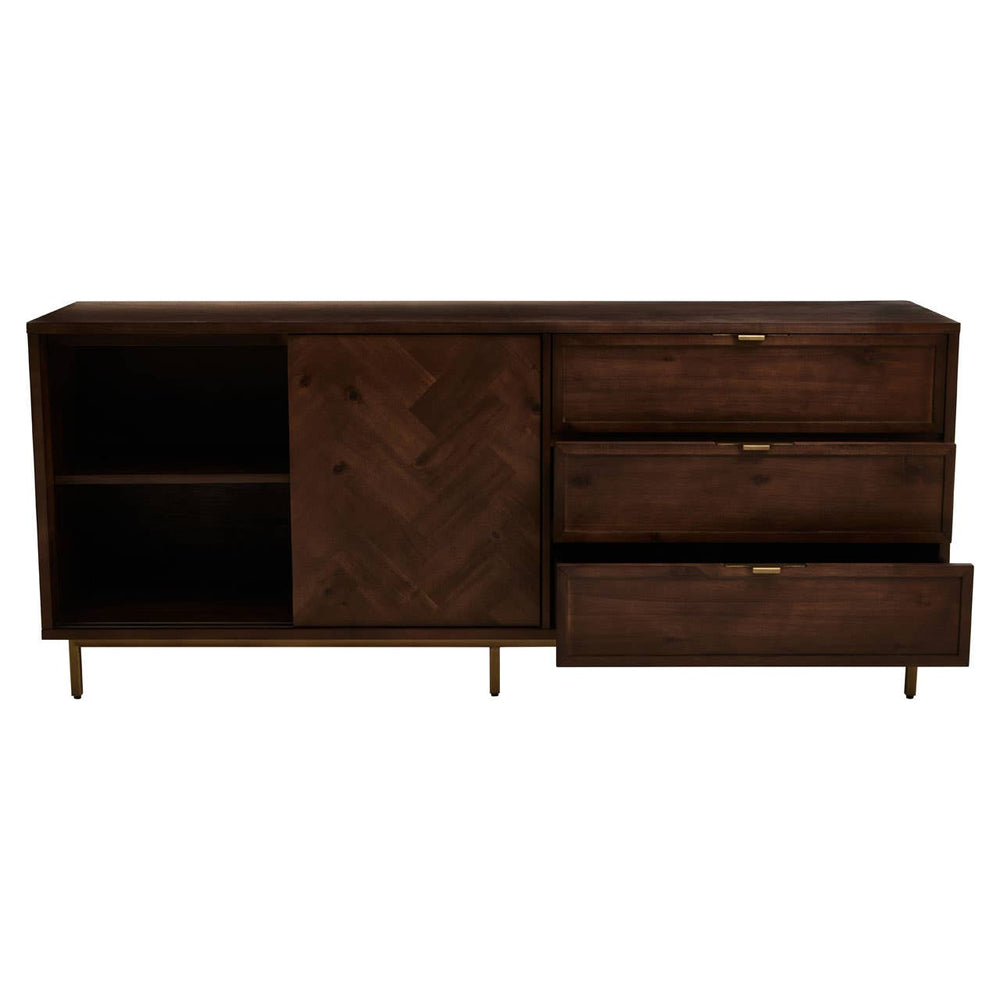 Acacia Herringbone Sideboard with Antique Brass Accents