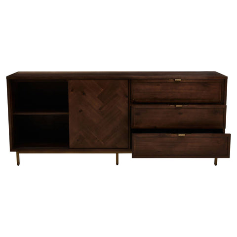 Acacia Herringbone Sideboard with Antique Brass Accents