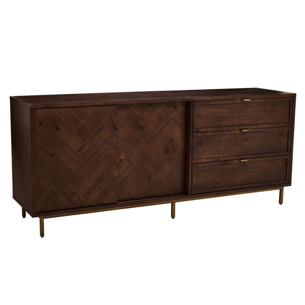 Acacia Herringbone Sideboard with Antique Brass Accents