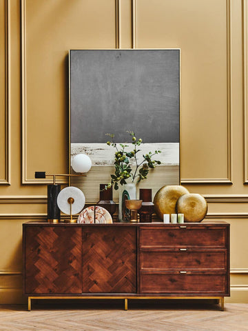Acacia Herringbone Sideboard with Antique Brass Accents