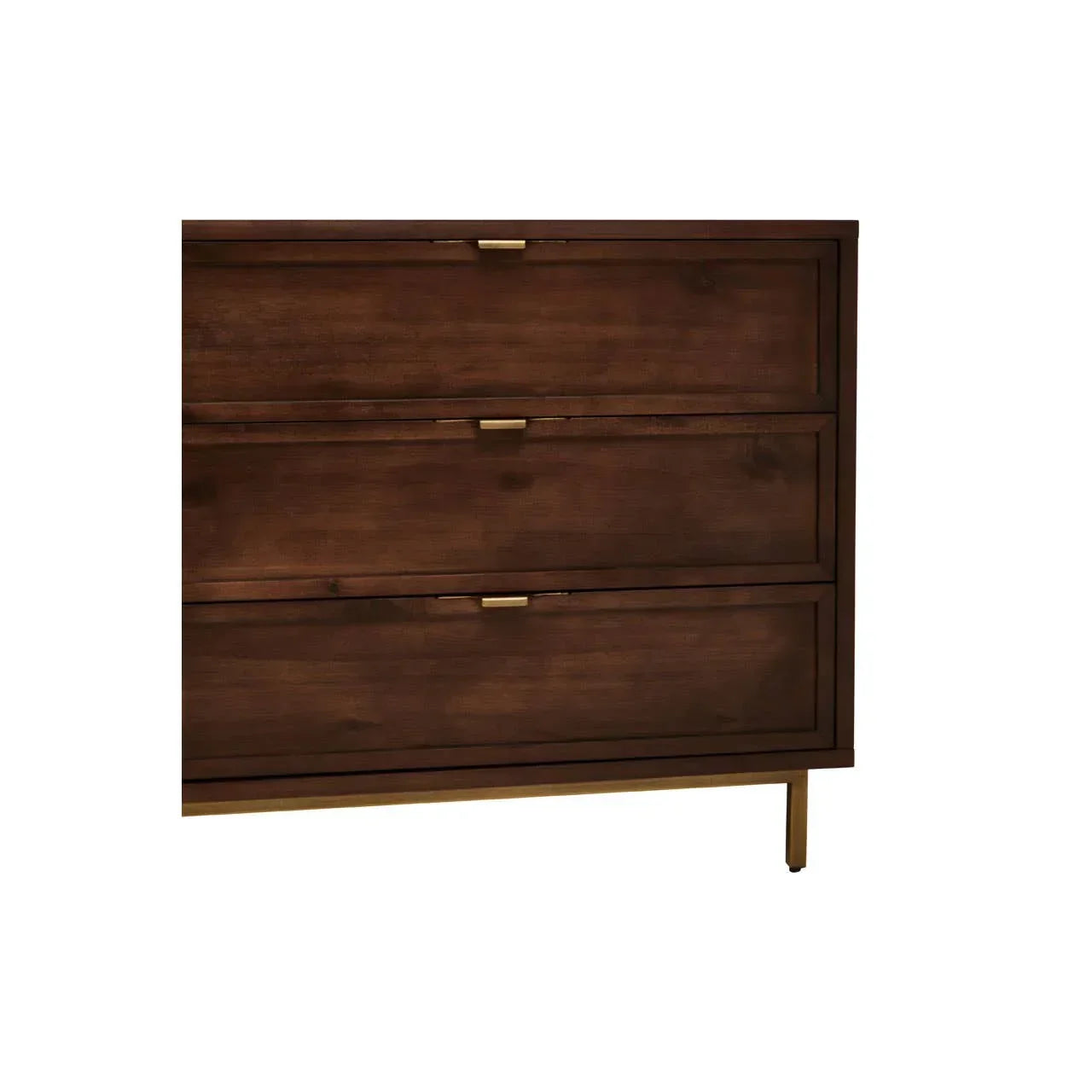 Dark wood chest of drawers with brass handles and slim metal legs, partial side view