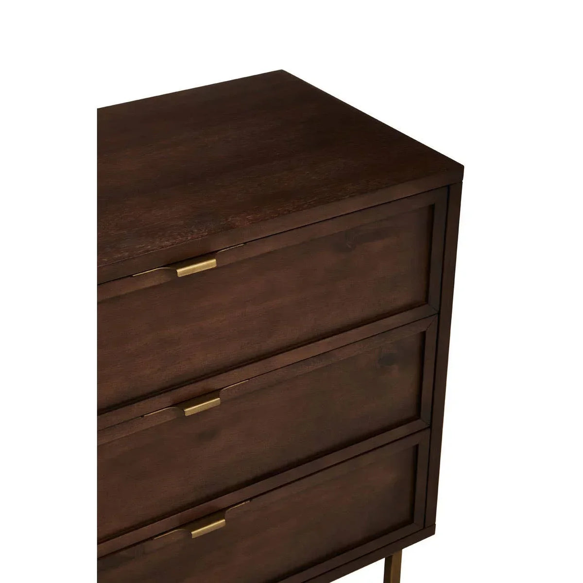 Dark wood chest of drawers with gold handles, close-up of upper drawers and corner