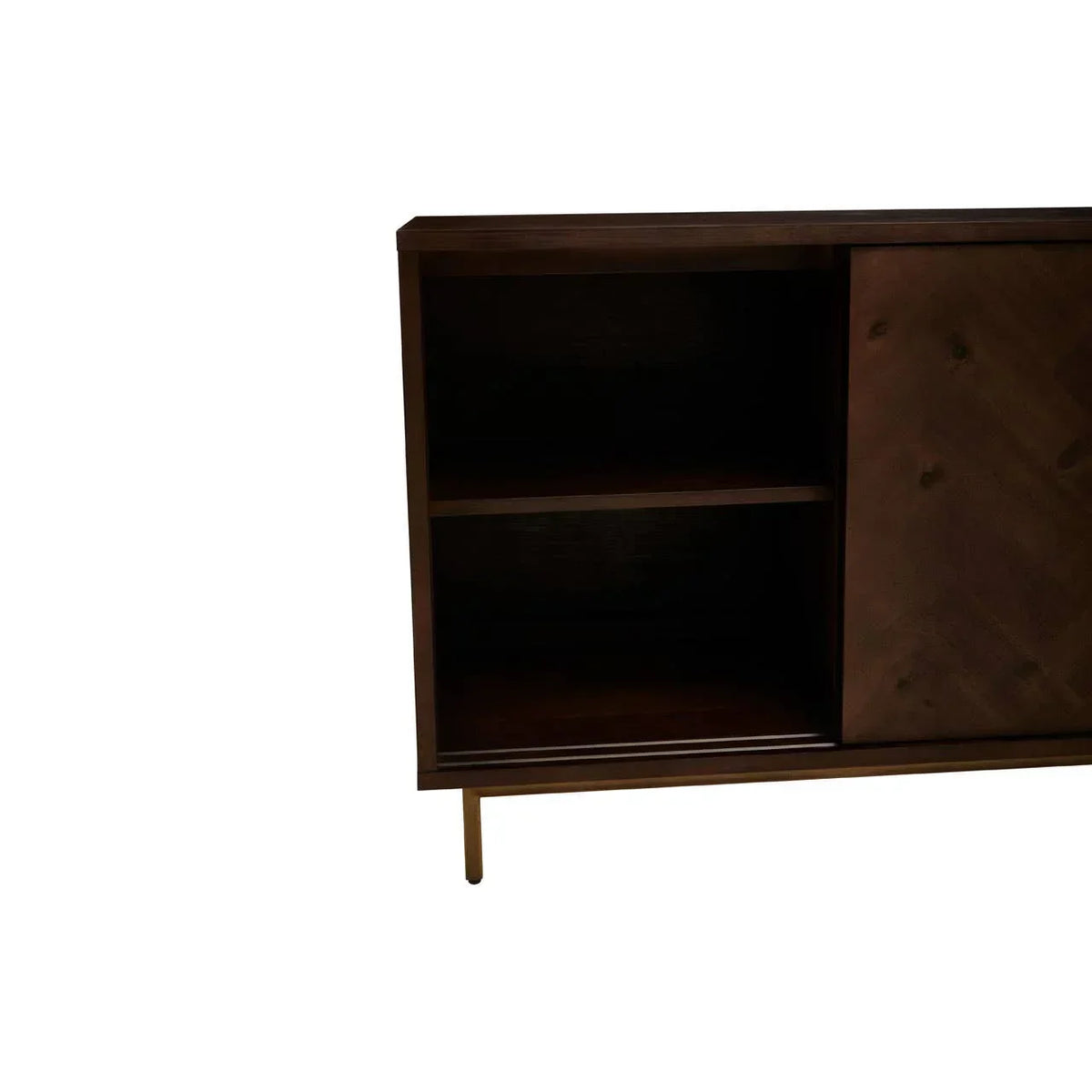 Dark wood sideboard with open shelving and brass leg, partial front view