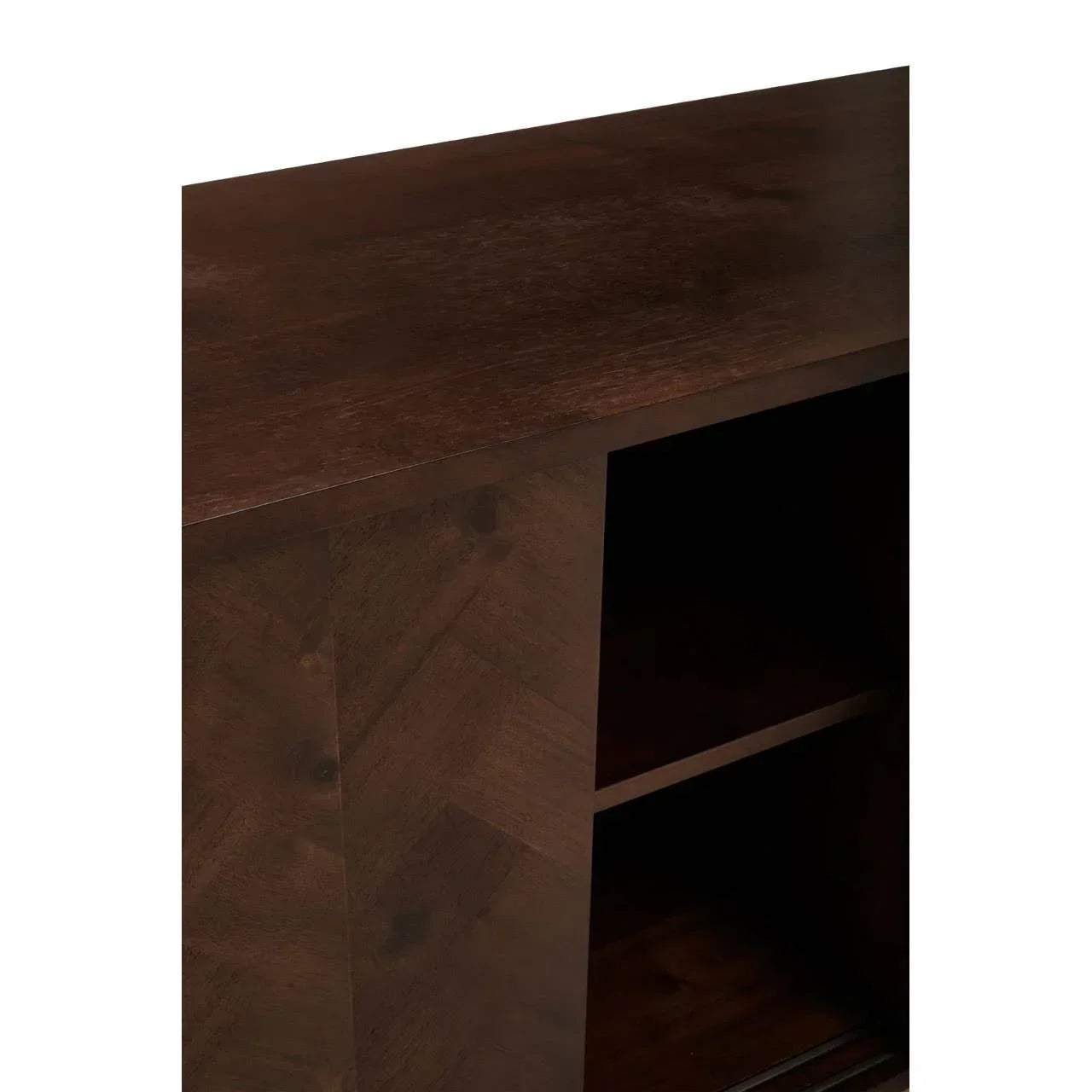 Dark wood sideboard with open shelving and chevron pattern detail on cabinet door