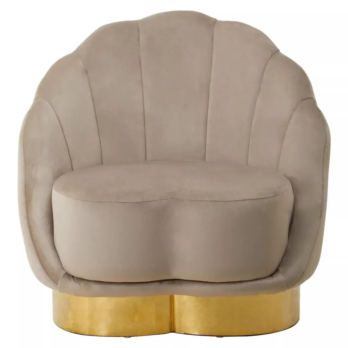 Shell accent chair with beige velvet upholstery and gold metal base, front view